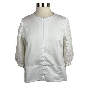 Tibi Blouse 2 Womens White Half Zip Textured 3/4 Sleeves Boho Relaxed Cotton